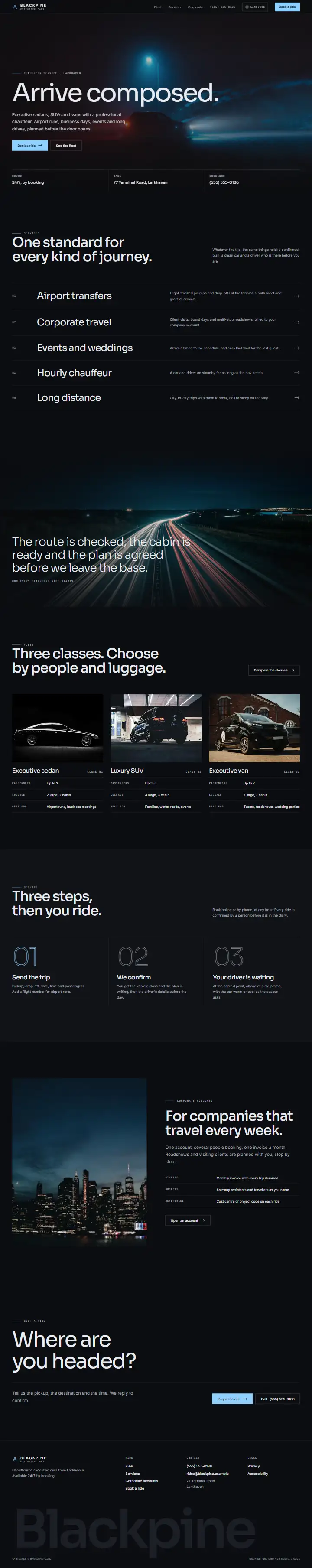 Blackpine Executive Cars, Chauffeur service: the home page